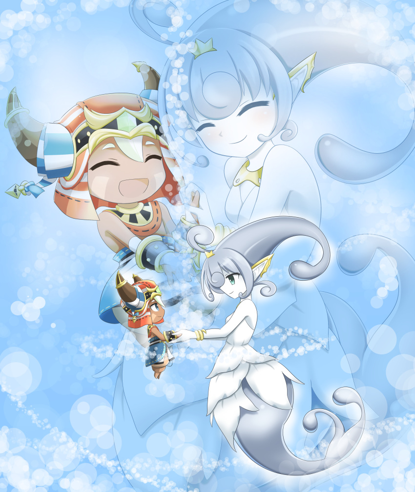 1boy absurdres ahoge blue_eyes blue_hair blue_skin bracelet colored_skin commentary_request dark-skinned_male dark_skin dress elemental_(creature) ever_oasis fake_horns female headdress highres hisin horned_headwear horns isuna_(ever_oasis) jewelry mermaid monster_girl pointy_ears smile tethu water_elemental white_dress