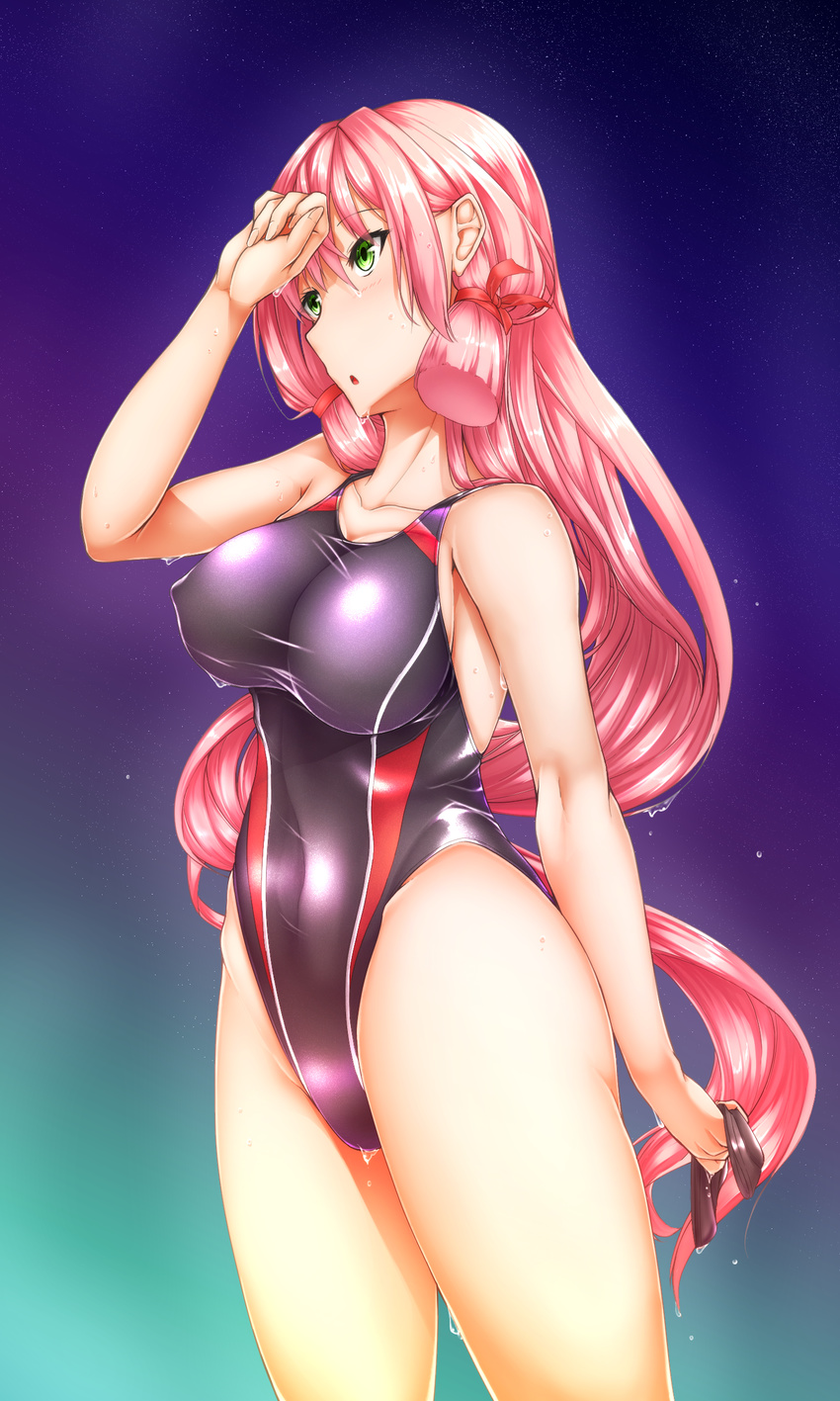 absurdres akashi_(kancolle) breasts commentary_request competition_swimsuit f-rhine female green_eyes hair_ribbon highres kantai_collection large_breasts long_hair one-piece_swimsuit open_mouth pink_hair ribbon solo swimsuit tress_ribbon water wet wiping_forehead