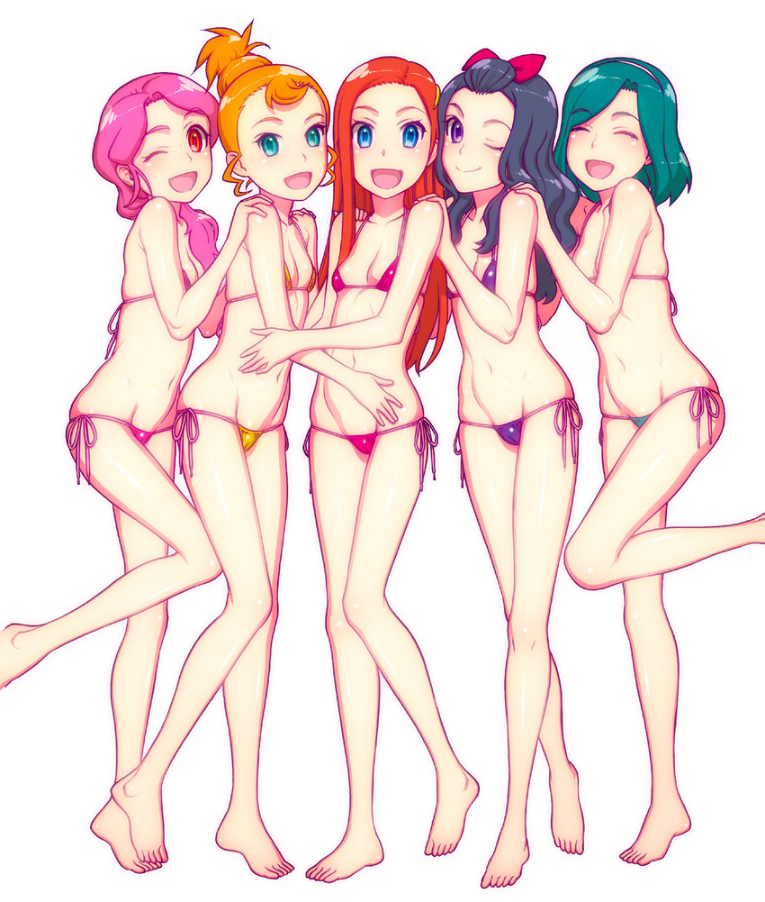 5girls :d ;d ^_^ aqua_eyes aqua_hair barefoot bikini black_hair blonde_hair blue_eyes blush breasts cameltoe chae_kyoung closed_eyes commentary_request crossed_legs flat_chest flat_color green_hair groin hair_bun hair_ornament hair_over_shoulder hair_ribbon hairband hairclip hand_on_another's_stomach hands_on_another's_shoulders highres hijiri_rei hug hye_in_(pretty_rhythm) jae_eun_(pretty_rhythm) leg_lift legs lineup long_hair looking_at_viewer looking_back lowleg lowleg_bikini micro_bikini multiple_girls navel one_eye_closed open_mouth orange_hair pink_bikini pink_hair ponytail pretty_rhythm pretty_rhythm_dear_my_future pretty_series profile purple_eyes red_eyes red_hair ribbon shi_yoon short_hair side-tie_bikini_bottom sidelocks simple_background single_hair_bun skindentation skinny slim_legs small_breasts smile so_min_(pretty_rhythm) standing standing_on_one_leg string_bikini swept_bangs swimsuit tiptoes topknot twintails white_background