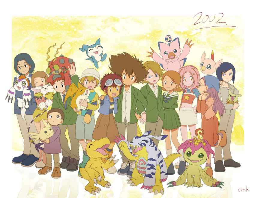 2002 4girls 6+boys :3 :d agumon arm_around_shoulder bad_id bad_pixiv_id bare_legs black_hair blazer blonde_hair blue_eyes bob_cut boots brown_hair bucket_hat carrying chibimon claws commentary_request creature crop_top digimon digimon_(creature) digimon_adventure_02 everyone flipped_hair flower gabumon glasses goggles goggles_on_head gomamon hair_ornament hairclip hand_on_another's_shoulder hand_on_own_hip hat hida_iori holding holding_creature horns ichijouji_ken inoue_miyako ishida_yamato izumi_koshiro jacket kido_jo kneehighs leg_up locked_arms long_hair long_sleeves looking_at_viewer miniskirt minomon motomiya_daisuke multiple_boys multiple_girls navel necktie odaiba_middle_school_uniform official_style one_eye_closed open_mouth own_hands_clasped own_hands_together palmon pants patamon pink_hair piyomon pleated_skirt poromon purple_hair reflection school_uniform serafuku shoes short_hair shorts simple_background single_horn sitting sitting_on_person skirt smile sneakers socks spiked_hair swept_bangs tachikawa_mimi tailmon takaishi_takeru takenouchi_sora temk tentomon turtleneck upamon vest white_legwear wings yagami_hikari yagami_taichi