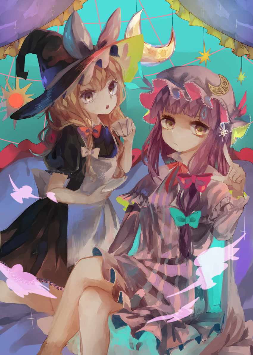 2girls absurdres apron black_dress blonde_hair brown_eyes capelet commentary_request crescent crescent_hat_ornament crossed_legs cup dress hair_ribbon hat hat_ornament hat_ribbon highres ijen_(ljenejl) kirisame_marisa kneeling long_hair long_sleeves looking_at_viewer mob_cap multiple_girls open_mouth patchouli_knowledge puffy_sleeves purple_hair ribbon short_sleeves sitting striped_clothes striped_dress teacup touhou tress_ribbon witch_hat