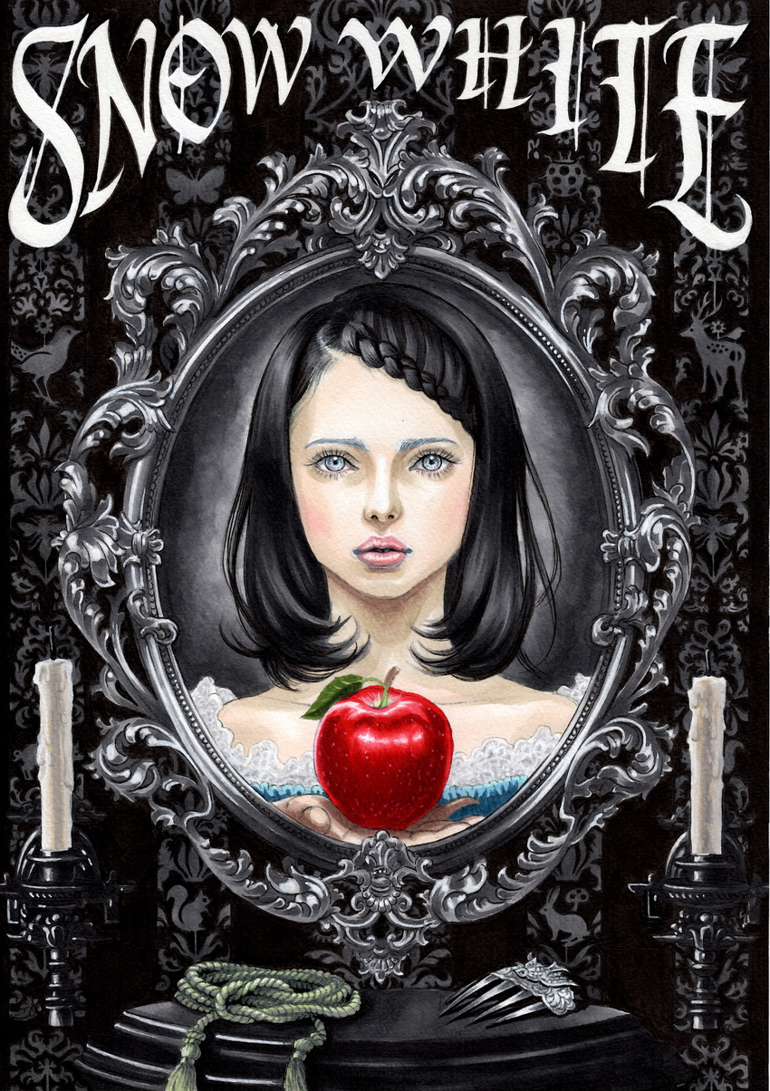 absurdres apple black_hair blue_eyes braid candle commentary_request copyright_name dress female food fruit grimm's_fairy_tales highres lips lipstick makeup marker_(medium) mirror original rococo_movement short_hair snow_white snow_white_(grimm) solo takumi_(marlboro) traditional_media