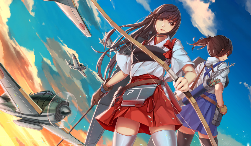 a6m_zero akagi_(kantai_collection) arrow black_legwear blue_sky bow_(weapon) breastplate brown_eyes brown_gloves brown_hair cloud flight_deck gloves highres kaga_(kantai_collection) kantai_collection long_hair multiple_girls muneate n1k nian shirt side_ponytail single_glove skirt sky thighhighs thighs very_long_hair weapon white_legwear zettai_ryouiki