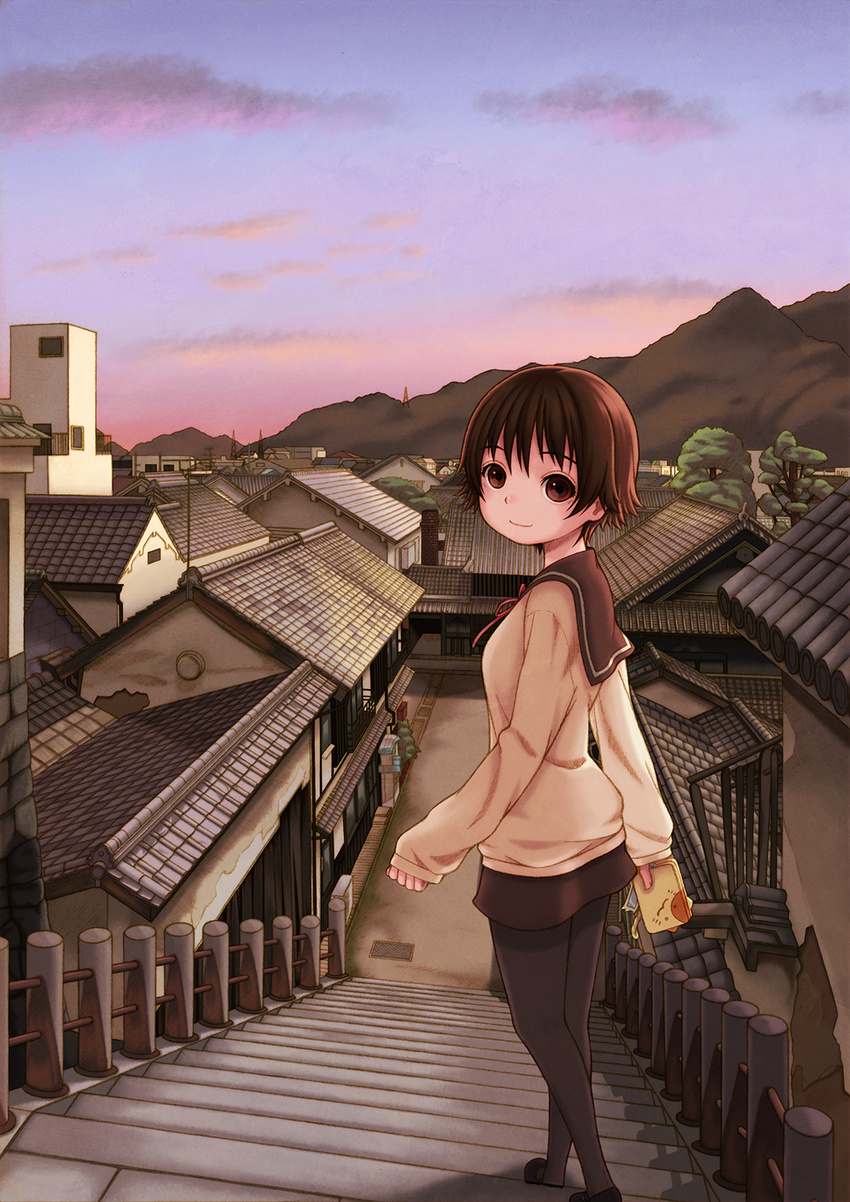 black_pantyhose blush brown_eyes brown_hair commentary_request female hane_yoshiyumi highres in-universe_location looking_at_viewer looking_back outdoors pantyhose sawatari_fuu scenery school_uniform serafuku short_hair smile solo takehara_(hiroshima) tamayura