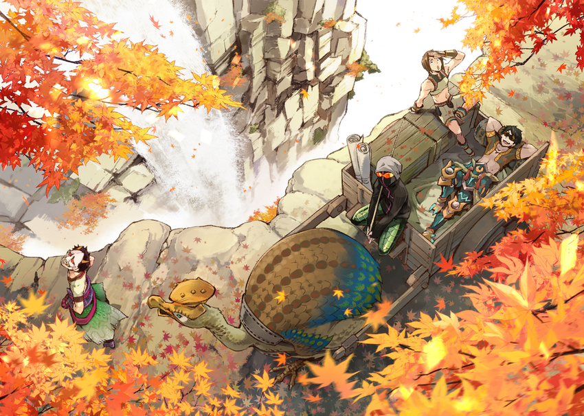 4boys :o arm_pillow arm_support armor arms_up aromahot autumn_leaves black_hair boots box brown_hair carriage cart commentary_request creature crop_top crossover eoheoh falling_leaves fb777 from_above fuse_ryuuta gargwa hands_on_own_hips japanese_clothes kikkun-mk-ii leaf long_sleeves looking_at_viewer lying m.s.s_project male_focus maple_leaf mask midriff monster_hunter_(series) motion_blur multiple_boys on_back oni_mask outdoors pants photoshop_(medium) pullcart scales scroll shading_eyes short_sleeves shorts sitting smile stick sunglasses sunlight tree turtle v_arms water waterfall wooden_box zinogre_(armor)