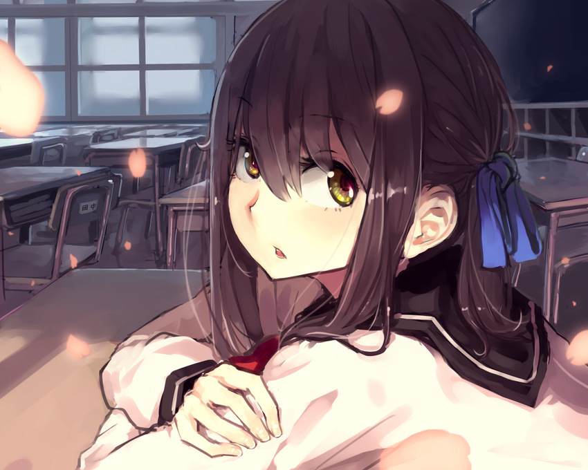 brown_hair cherry_blossoms close cropped original seifuku yamada_(gotyui) yellow_eyes