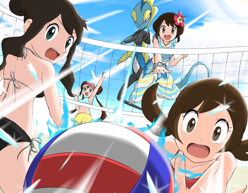 4girls ball bikini black_bikini blue_bikini blue_sarong brown_hair double_bun dress excited flower from_behind gloria_(pokemon) gloria_(summer_2021)_(pokemon) hair_bun hair_flower hair_ornament highres hilda_(pokemon) inteleon lyra_(pokemon) miniskirt multiple_girls outdoors pokemon pokemon_bw pokemon_bw2 pokemon_hgss pokemon_swsh red_bikini rosa_(pokemon) sarong school_uniform skirt st._gloriana's_school_uniform string_bikini sundress surprised swimsuit visor_cap volleyball volleyball_(object) volleyball_net ya_mari_mo_3 yellow_skirt