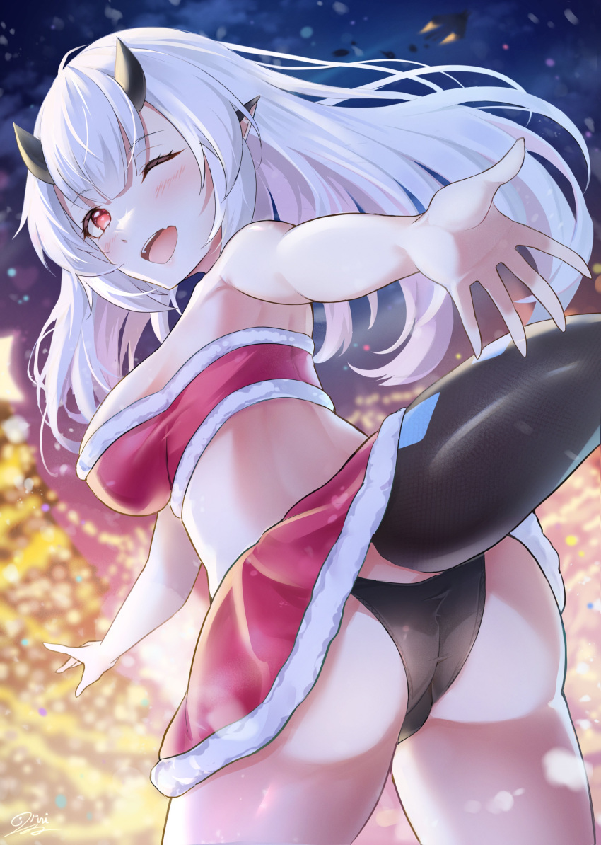 absurdres ass back breasts christmas christmas_tree dragon_girl dragon_horns dragon_tail epic_seven female from_behind fur_trim highres horns large_breasts night night_sky one_eye_closed punimon_(user_ymmd3824) red_eyes red_skirt skirt sky solo tail thighs white_hair yufine_(epic_seven)