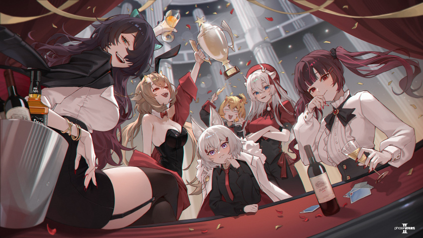 6+girls absurdres animal_ears artist_request black_corset black_garter_straps black_hair black_jacket black_leotard black_pants black_shirt black_skirt black_thighhighs blonde_hair blue_eyes bottle bow bowtie bracelet breasts buttons card center_frills cleavage closed_mouth coat coat_on_shoulders confetti corset crossed_arms crossed_legs cup detached_collar dragon_girl dragon_horns dress_shirt eimi_isami erina_makina fox_ears fox_girl frills garter_straps green_eyes hair_ornament hakushika_iori hamster_ears hamster_girl high-waist_skirt highres himemiya_rie holding holding_cup holding_trophy horns jack_daniel's jacket jacket_on_shoulders jewelry large_breasts leotard logo long_sleeves looking_at_viewer medium_breasts multicolored_hair multiple_girls necktie off_shoulder open_mouth pants phase_connect pink_hair playing_card red_bow red_bowtie red_brooch red_coat red_eyes red_nails red_necktie red_shirt second-party_source shadow shirt short_hair skirt smile streaked_hair tenma_maemi thighhighs tiger_ears trophy twintails utatane_nasa white_coat white_hair white_shirt wine_bottle