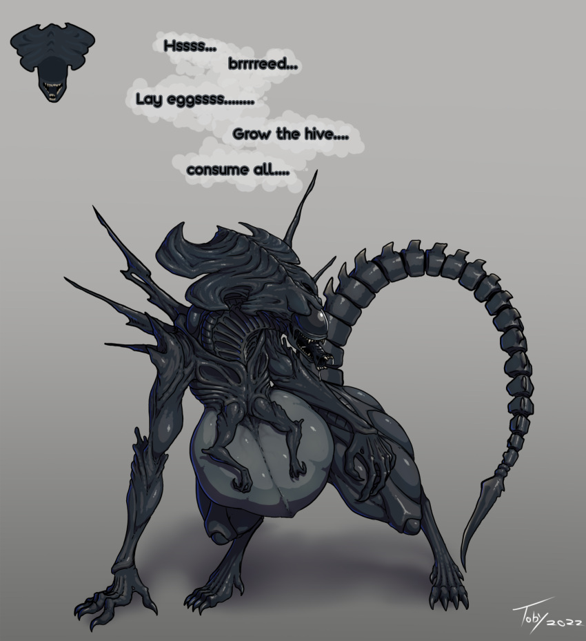 4_arms 5_fingers alien alien_(franchise) alien_queen biped black_body claws digital_media_(artwork) english_text female fingers hi_res humanoid inner_mouth multi_arm multi_limb not_furry pregnant pregnant_female pregnant_humanoid sharp_teeth solo tail teeth text toby_art xenomorph