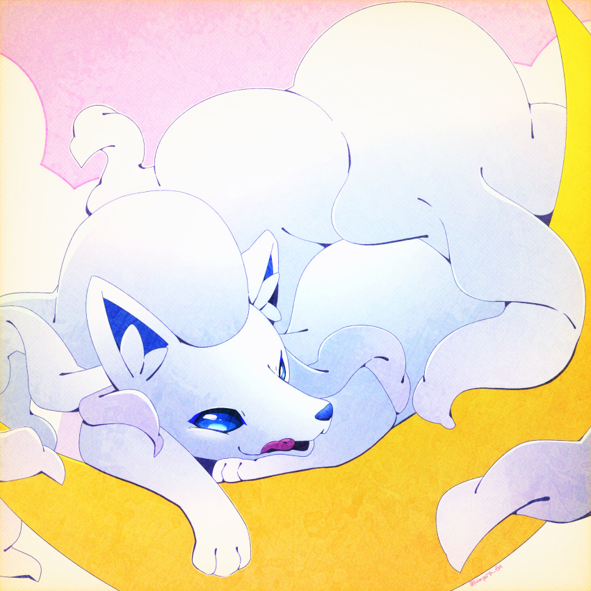 1:1 2024 3_toes alolan_form alolan_ninetales ambiguous_feral ambiguous_gender blue_eyes blue_inner_ear blue_nose canid canine colored crescent_moon digital_media_(artwork) empty_eyes feet feral fluffy fluffy_tail front_view fur generation_7_pokemon glistening glistening_eyes half-length_portrait head_tuft hi_res inner_ear_fluff kemono kompeito looking_at_viewer lying mammal monotone_body monotone_fur monotone_tail moon multi_tail nintendo on_front open_mouth paws pink_background pink_tongue pokemon pokemon_(species) portrait quadruped regional_form_(pokemon) shaded signature simple_background solo tail toes tongue tongue_out tuft white_body white_ears white_fur white_inner_ear_fluff white_tail