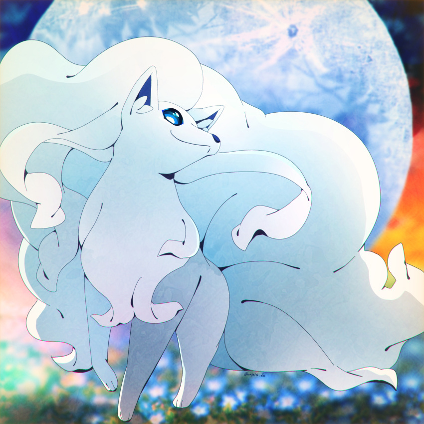 1:1 2024 3_toes alolan_form alolan_ninetales ambiguous_feral ambiguous_gender big_tail blue_eyes blue_inner_ear blue_nose blurred_background canid canine colored detailed_background digital_media_(artwork) feet feral flower fluffy fluffy_tail front_view full-length_portrait full_moon fur generation_7_pokemon glistening glistening_eyes head_tuft hi_res inner_ear_fluff kemono kompeito looking_at_viewer mammal monotone_body monotone_fur monotone_tail moon multi_tail night nintendo outside plant pokemon pokemon_(species) portrait quadruped regional_form_(pokemon) shaded signature sky smile solo standing tail toes tuft white_body white_ears white_fur white_inner_ear_fluff white_tail