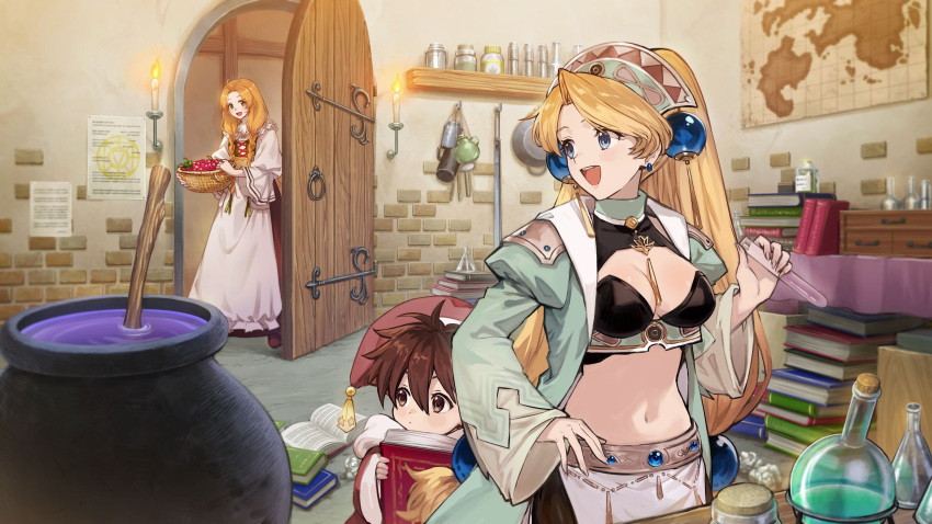 1boy 2girls :d absurdres atelier_(series) atelier_marie basket benitama berry blonde_hair blue_eyes book book_stack braid breasts brick_wall brown_hair candle cauldron cleavage coat crop_top door dress earrings fairy_(atelier) fire flask green_coat hair_over_shoulder headdress highres holding holding_basket holding_book holding_flask indoors jewelry liquid long_hair long_sleeves looking_at_another looking_back low-tied_long_hair map_(object) marie_(atelier) medium_breasts multiple_girls navel official_art open_book open_door open_mouth orange_hair paper ponytail round-bottom_flask schia_donnerstage shelf short_hair smile standing twin_braids white_dress