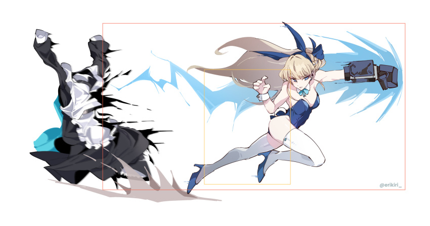 animal_ears blonde_hair blue_archive blue_eyes blue_halo blue_leotard bow bowtie breasts detached_collar earpiece eri_(erikiri) fake_animal_ears female halo highleg highres hitbox leotard long_hair maid medium_breasts official_alternate_costume playboy_bunny rabbit_ears solo strapless strapless_leotard thighhighs toki_(blue_archive) toki_(bunny)_(blue_archive) white_thighhighs wrist_cuffs