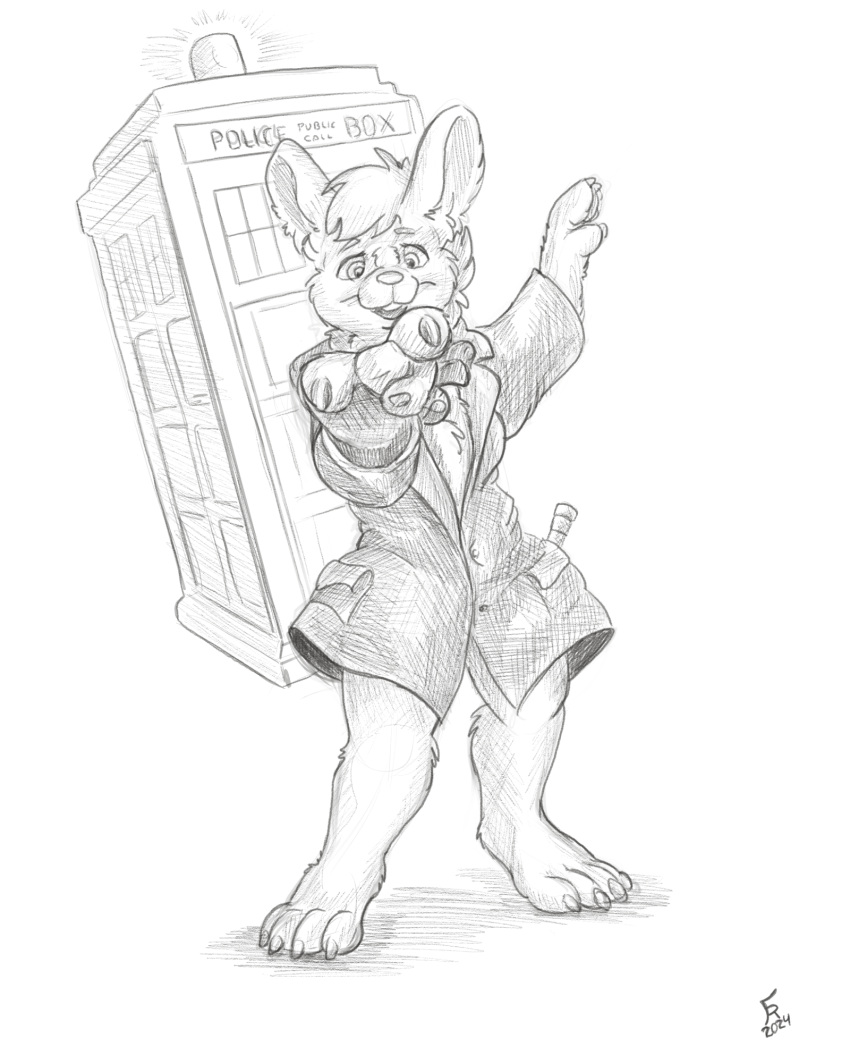 4:5 4_fingers anthro british_broadcasting_corporation clothed clothing doctor_who english_text female fingers flinters fur greyscale hair hi_res kita_dalhagen lagomorph leporid mammal monochrome police_box rabbit solo text