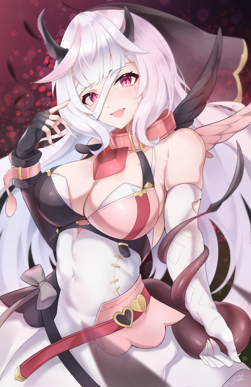 :d absurdres abyssal_yufine_(epic_seven) asymmetrical_gloves bandaged_head bandages belt black_gloves breasts cleavage collar crying dress epic_seven feathers female fingerless_gloves gloves highres large_breasts mismatched_gloves open_mouth punimon_(user_ymmd3824) red_background red_eyes smile solo streaming_tears tail tail_grab tears veil white_dress white_gloves white_hair wings yufine_(epic_seven)