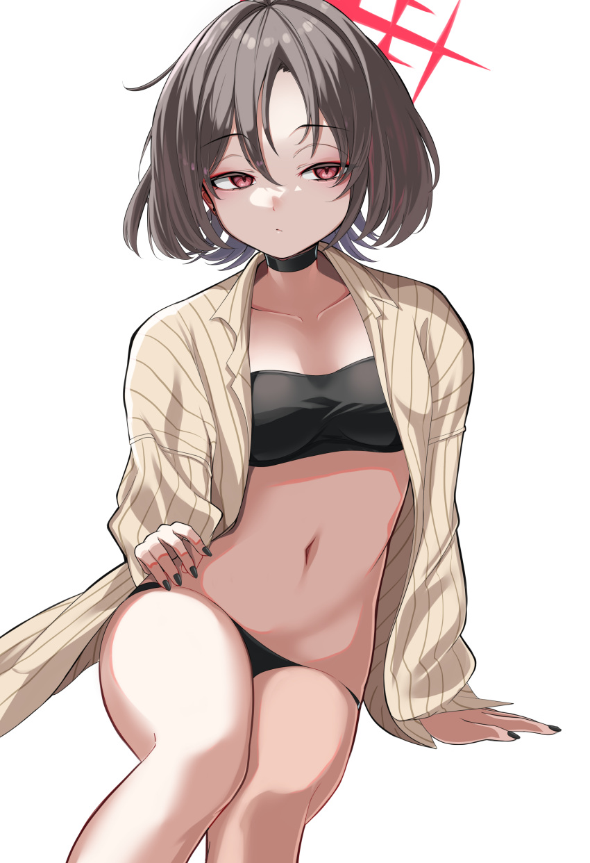 absurdres arius_squad_(blue_archive) bandeau bikini bikini_under_clothes black_bandeau black_bikini black_hair blue_archive choker closed_mouth female halo highres looking_to_the_side misaki_(blue_archive) misaki_(swimsuit)_(blue_archive) nail_polish navel nigori_(keydoor) official_alternate_costume open_clothes pinstripe_pattern pinstripe_shirt red_eyes red_halo shirt short_hair simple_background solo star_halo striped_clothes striped_shirt swimsuit thighs toenail_polish toenails vertical-striped_clothes vertical-striped_shirt white_background