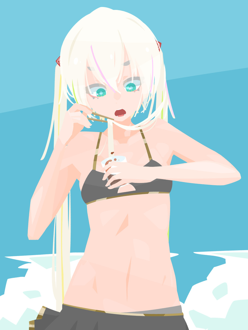 absurdres alternate_hair_color bikini black_bikini black_skirt blonde_hair blue_background blue_eyes breasts chopsticks cloud commentary_request female food food-themed_hair hair_between_eyes hara_id_21 hatsune_miku highres holding holding_chopsticks long_bangs midriff navel no_lineart noodles open_mouth skirt small_breasts solo soumen swimsuit twintails upper_body vocaloid