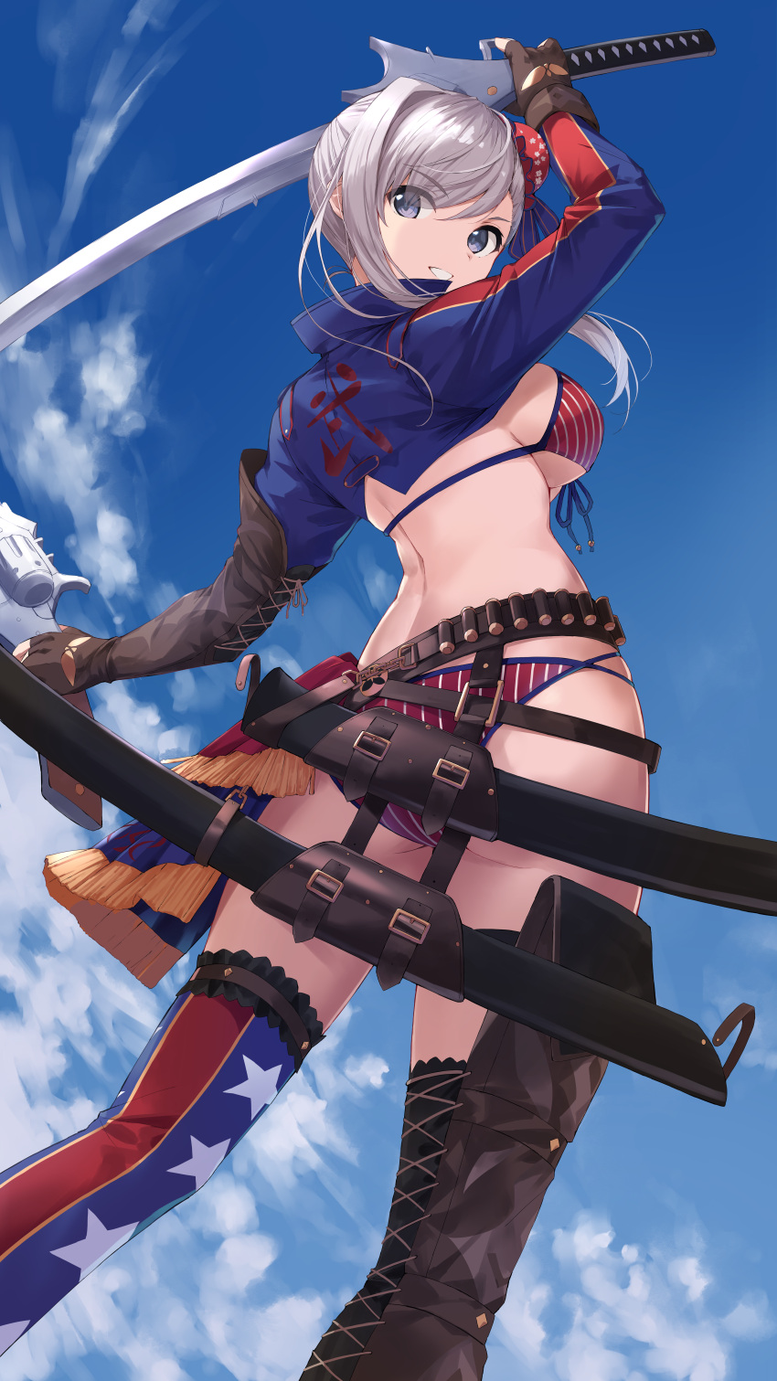 absurdres ass asymmetrical_gloves asymmetrical_legwear back belt bikini blue_eyes blue_sky boots breasts brown_footwear brown_gloves buckle bun_cover day dual_wielding elbow_gloves fate/grand_order fate_(series) female fingerless_gloves fringe_trim from_behind gloves grey_hair gun hair_bun highres holding holding_gun holding_sword holding_weapon holster large_breasts long_hair long_sleeves mismatched_legwear miyamoto_musashi_(fate) miyamoto_musashi_(swimsuit_berserker)_(fate) outdoors print_thighhighs red_bikini sheath shrug_(clothing) sideboob single_elbow_glove single_hair_bun single_thigh_boot sky solo star_(symbol) star_print striped_bikini striped_clothes swept_bangs swimsuit sword thigh_boots thighhighs unsheathing vertical-striped_bikini vertical-striped_clothes weapon yanagi_marie