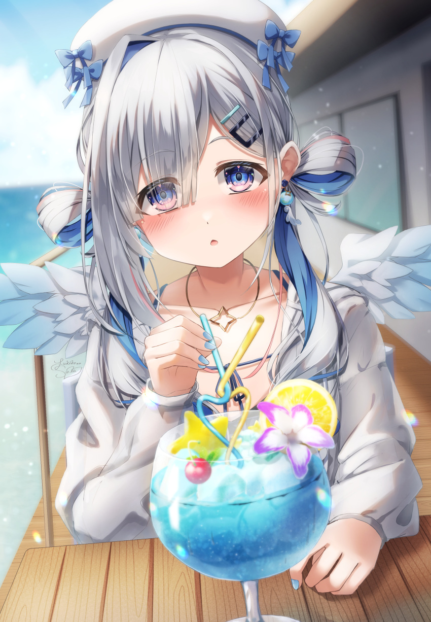 absurdres amane_kanata angel_wings asymmetrical_bangs beret blue_eyes blue_hair blue_nails blush colored_inner_hair crazy_straw cup drinking_straw embarrassed feathered_wings female gradient_wings grey_hair hair_over_one_eye hair_rings hat heart_straw highres hololive jacket jewelry juice long_hair long_sleeves looking_at_viewer low_twintails multicolored_hair multicolored_wings necklace no_pants ocean official_alternate_hair_length official_alternate_hairstyle outdoors pov_across_table purple_eyes see-through see-through_jacket single_hair_intake solo tropical_drink twintails virtual_youtuber white_hat white_jacket white_wings wings yukikawa_sara