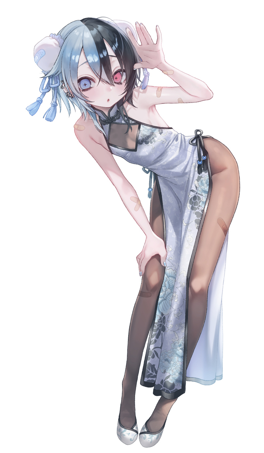 +_+ absurdres bandaid bandaid_on_arm bandaid_on_leg bare_shoulders bent_over black_hair blue_dress blue_eyes blue_hair breasts bun_cover china_dress chinese_clothes commentary_request dancho dancho_(dancyo) double_bun dress ear_piercing female full_body hair_bun heterochromia highres kujirakawa_zoo looking_at_viewer multicolored_hair pantyhose parted_lips piercing red_eyes short_hair simple_background small_breasts solo split-color_hair tassel two-tone_hair virtual_youtuber white_background