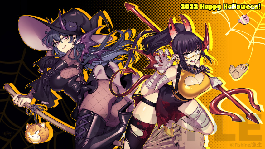 1other 2girls :d arm_up ass bandaged_arm bandaged_leg bandages black_background black_footwear black_hair black_skirt black_sleeves black_thighhighs blood blood_on_clothes blue_hair bodystocking boots breasts bridal_gauntlets broom chains chinese_commentary claw_pose cleavage cleavage_cutout closed_mouth clothing_cutout collar commentary_request demon_tail demon_wings detached_sleeves dress earrings english_text fingernails fishine fishnets foot_out_of_frame from_side glasses gradient_background grey_eyes hair_ornament halftone halloween hand_on_own_head happy_halloween hat high_heel_boots high_heels highres holding holding_broom holding_pitchfork horns indie_virtual_youtuber inkiiing jack-o'-lantern jewelry knee_up lanmei large_breasts latex latex_boots latex_dress latex_sleeves licking_lips long_hair looking_at_viewer looking_to_the_side ludan_(blusewilly_retry) medium_bangs medium_hair microdress multicolored_background multiple_girls o-ring_dress o-ring_strap open_mouth orange_background original pink_eyes pitchfork pointy_ears ponytail pumpkin red_nails red_tail red_wings ring rope sharp_fingernails shirt side_slit silk single_thighhigh skirt smile spider_web strap tail teeth thigh_boots thigh_strap thighhighs thighs three_quarter_view tongue tongue_out torn_clothes torn_thighhighs wings witch witch_hat wristlet yellow_footwear yellow_shirt