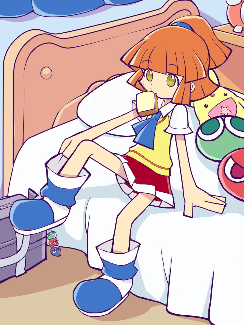 adjusting_footwear alarm_clock arle_nadja arm_at_side bag bag_charm bed_frame bedroom blue_footwear blue_neckerchief blunt_bangs blunt_ends bread bread_slice carbuncle_(puyopuyo) character_charm character_pillow charm_(object) clock closed_mouth collared_shirt deformed female food food_in_mouth full_body hand_rest high_ponytail highres indoors knee_up miniskirt mouth_hold neckerchief nightstand no_jacket official_style on_bed orange_hair outstretched_arm pillow pleated_skirt puyo_(puyopuyo) puyopuyo puyopuyo_7 red_skirt shirt short_sleeves sitting skirt solo sweater_vest three_quarter_view toast toast_in_mouth two-tone_footwear two-tone_skirt unworn_bag wars-ma white_footwear white_shirt white_skirt wing_collar yellow_eyes yellow_sweater_vest