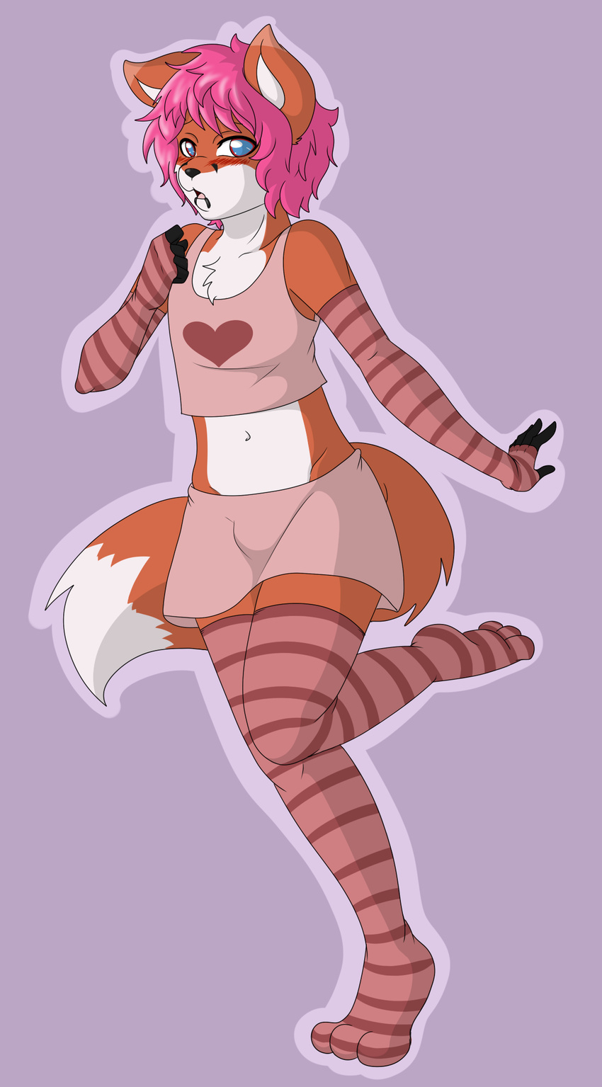 2017 anthro arm_warmers armwear blush bottomwear bulge canid canine clothed clothing crossdressing femboy footwear fox hi_res jaxfenrir legwear male mammal minila pattern_armwear pattern_clothing pattern_legwear simple_background skirt socks solo stockings striped_armwear striped_clothing striped_legwear stripes thigh_highs thigh_socks