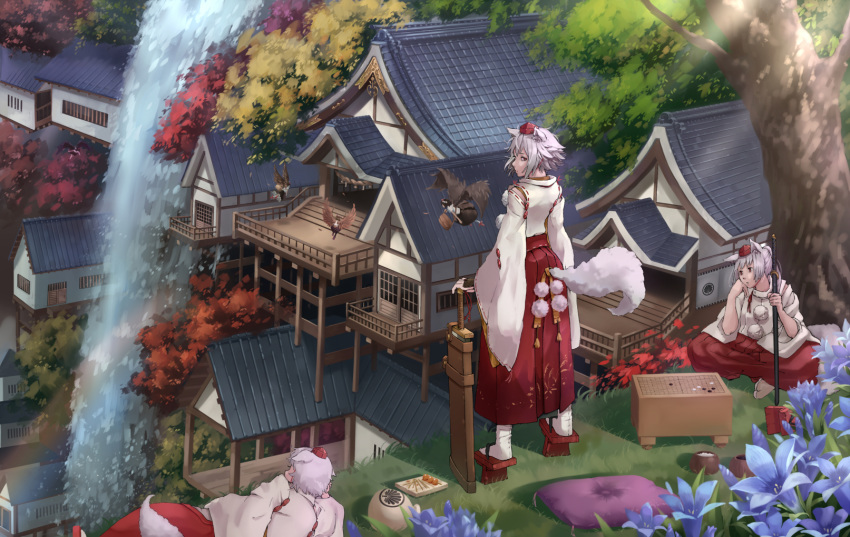 6+girls animal_ears architecture bag black_skirt black_wings blue_flower board_game brown_wings building commentary_request cushion dango day detached_sleeves east_asian_architecture facing_ahead facing_away flower flying food gentiana_(flower) geta go_(board_game) grey_hair hakama hakama_skirt half_updo hand_on_hilt hat head_rest highres himekaidou_hatate holding holding_sheath holding_sword holding_weapon house indian_style inubashiri_momiji japanese_clothes light_rays long_skirt long_sleeves looking_at_viewer looking_back looking_to_the_side lying mitarashi_dango multiple_girls nagi_(xx001122) nature on_grass on_side outdoors pillow planted planted_sword pleated_skirt pom_pom_(clothes) pot rainbow red_eyes red_footwear red_hat red_skirt rope scenery shameimaru_aya sheath sheathed shimenawa short_hair shoulder_bag sitting skirt standing sunbeam sunlight sword tabi tail tengu tengu-geta tile_roof tokin_hat touhou tree wagashi water waterfall weapon white_legwear wide_sleeves wings wolf_ears wolf_tail wolf_tengu_extra_(touhou) zabuton