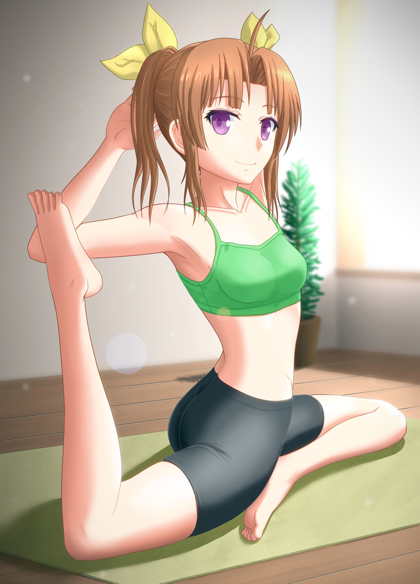 ahoge armpits ass bare_shoulders barefoot bike_shorts breasts brown_hair commentary_request female flexible full_body green_sports_bra hair_ornament hair_ribbon highres kagerou_(kancolle) kantai_collection kayama_kouji long_hair medium_breasts midriff pigeon_pose plant plantar_flexion purple_eyes ribbon smile solo sports_bra stretching tank_top twintails underwear wooden_floor yoga yoga_mat