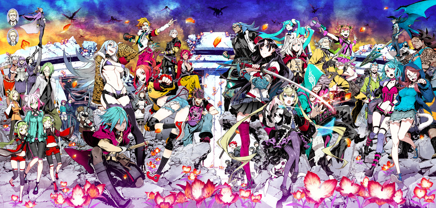 6+boys 6+girls 7th_dragon_(series) 7th_dragon_2020 7th_dragon_2020-ii absurdres aitelle animal_ears annotated aqua_eyes aqua_hair black_hair blonde_hair blue_hair brown_hair cat_ears chelsea_(7th_dragon) chitrine_(7th_dragon) commentary_request daigo_(7th_dragon) dark_skin david_griffith destroyer_(7th_dragon_2020) doujima_rin dragon dress emel_(7th_dragon) everyone floro_(7th_dragon) flower furusuga_cheron genji_gatou green_eyes green_hair grey_hair hacker_(7th_dragon) hatsune_miku highres hikasa_natsume idol_(7th_dragon) jack_muller katanako keima_(7th_dragon) long_hair long_sleeves lucier_(7th_dragon) machinery marina_(7th_dragon_2020-ii) miina_(7th_dragon) miniskirt miroku_(7th_dragon) miwa_shirow miya_(7th_dragon) multiple_boys multiple_girls navigator_(7th_dragon) neko_(7th_dragon) nishimura_haru_(7th_dragon) one_eye_closed photoshop_(medium) pink_hair pointing pointing_at_viewer psychic_(7th_dragon) red_eyes red_hair reimi_(7th_dragon) sakuraba_izumi sakuraba_shouji samurai_(7th_dragon_series) shoes short_hair shorts skirt sneakers sword tabard takehaya_(7th_dragon) tattoo thighhighs tomagi_shizuka torn_clothes trickster_(7th_dragon) twintails unose_aoi very_long_hair vocaloid waji_(7th_dragon) weapon white_hair wings zettai_ryouiki