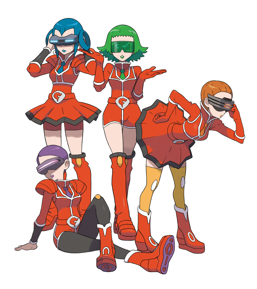 4girls absurdres akebi_(pokemon) arm_support armor bara_(pokemon) belt belt_buckle bent_over bike_shorts bike_shorts_under_skirt black_legwear blue_hair blue_lipstick boots brown_hair brown_lipstick correa_(pokemon) crossed_legs_(sitting) crossed_legs_(standing) dress flipped_hair gloves glowing green_hair green_lipstick hair_rings hand_on_hip head_mounted_display high_res highres knee_boots knees legs legs_crossed leotard lipstick long_sleeves looking_afar looking_at_viewer makeup mini_skirt miniskirt momiji_(pokemon) multiple_girls necktie nintendo official_art pantyhose parted_lips pauldron pauldrons platform_footwear pleated_dress pokemon pokemon_(game) pokemon_xy purple_hair purple_lipstick red_gloves red_legwear short_dress short_hair shorts_under_skirt simple_background sitting skirt spats standing team_flare thigh_boots thigh_gap thighhighs uniform vambraces visor white_background yellow_legwear zettai_ryouiki