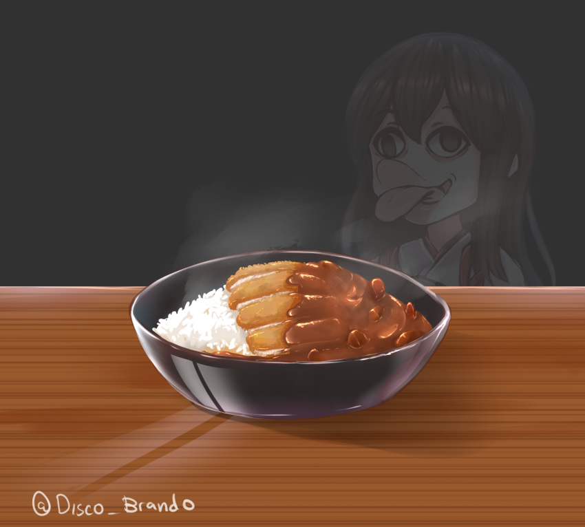 afterimage akagi_(kancolle) brown_hair commentary curry curry_rice disco_brando english_commentary female food food_focus green_eyes grey_background highres inset japanese_clothes kantai_collection katsu_curry long_tongue reflection rice solo steam table tongue tongue_out twitter_username wall-eyed when_you_see_it