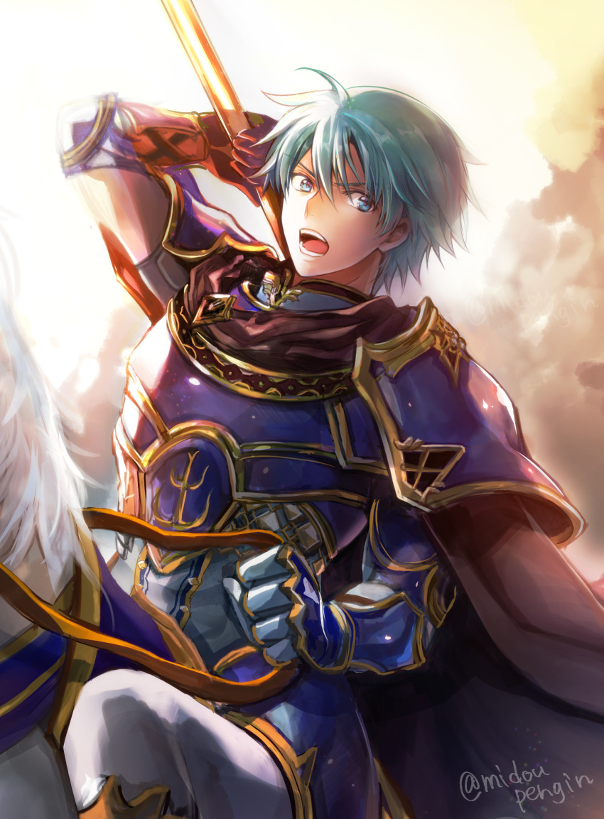 1boy armor black_cape blue_eyes blue_hair breastplate cape commentary_request ephraim_(fire_emblem) fire_emblem fire_emblem:_the_sacred_stones gauntlets hair_between_eyes highres holding holding_polearm holding_weapon horse horseback_riding male_focus mintes open_mouth pants pauldrons polearm riding shoulder_armor solo weapon white_pants