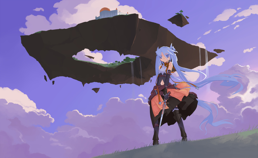 belt black_thighhighs blue_eyes boots clothing_cutout cloud cloudy_sky commentary_request dagger dress female floating_island gunblade highres knee_boots knife long_hair mof mof's_silver_haired_twintailed_girl navel navel_cutout original ribbon sky sleeveless solo standing thighhighs twintails very_long_hair weapon white_hair wind