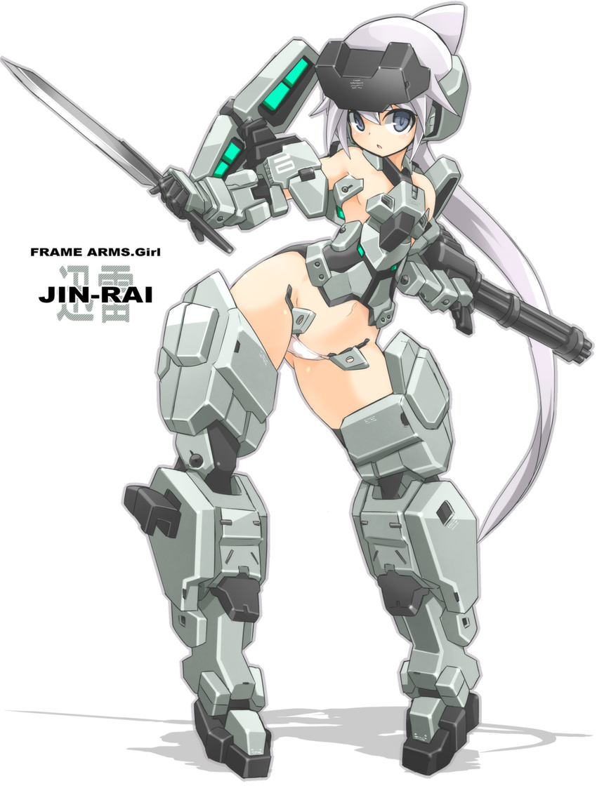 :o c-string commentary_request dual_wielding female frame_arms_girl full_body grey_eyes headgear highres holding holding_sword holding_weapon jinrai_(frame_arms_girl) karukan_(monjya) long_hair mecha_musume navel open_mouth outline ponytail silver_hair solo standing strapless_bottom sword weapon