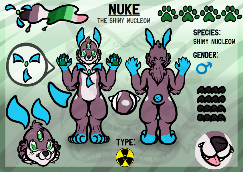 3_eyes absurd_res ambiguous_gender anthro catdragon7 fakemon fakeveelution fan_character green_eyes hazard_symbol hi_res model_sheet multi_eye nuclear nucleon_(fakemon) nuke_the_nucleon pawpads pokemon_uranium radiation_symbol shiny_fakemon smile solo symbol