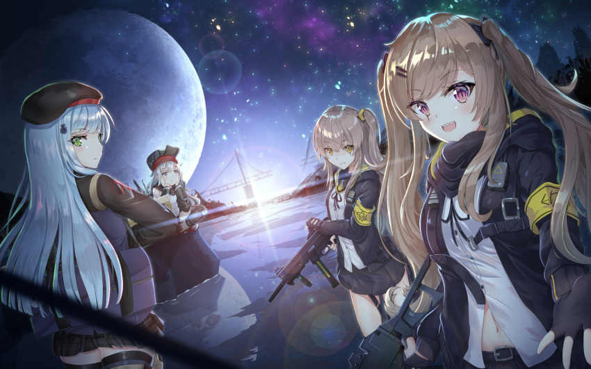 404_(girls'_frontline) 4girls armband assault_rifle beret black_bow black_hat black_jacket black_ribbon black_shorts black_socks blunt_bangs bow brown_hair closed_mouth clothing_cutout coat commentary_request crossed_bangs finger_on_trigger fingerless_gloves from_behind g11_(girls'_frontline) girls'_frontline gloves green_eyes green_hat green_jacket grey_hair gun h&k_hk416 h&k_ump hair_between_eyes hair_ornament hairclip hat heckler_&_koch highres hk416_(girls'_frontline) holding holding_gun holding_weapon hood hood_down hooded_jacket jacket knee_pads long_hair long_sleeves looking_at_viewer md5_mismatch messy_hair moon multiple_girls navel oerba_yun_fang one_side_up open_clothes open_coat open_jacket plaid plaid_skirt ribbon rifle scar scar_across_eye scar_on_face scarf_on_head shirt shorts shoulder_cutout sitting skirt sky smile socks standing star_(sky) starry_sky strap submachine_gun synn032 thighhighs trigger_discipline ump45_(girls'_frontline) ump9_(girls'_frontline) weapon white_hair white_shirt yellow_armband