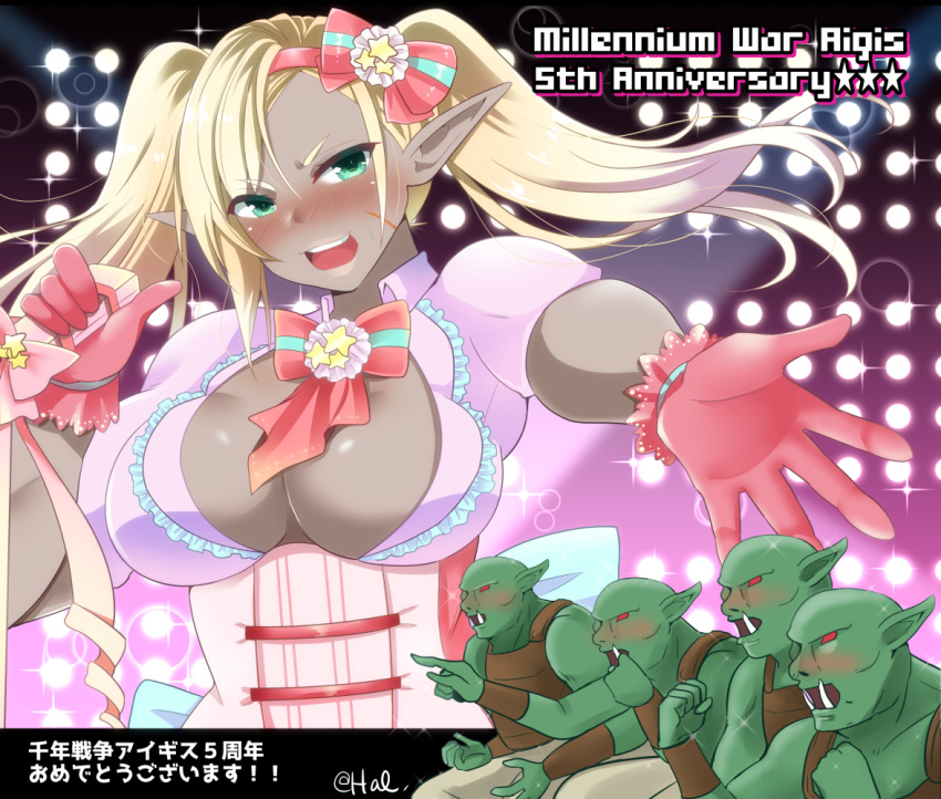 4boys :d alternate_costume alternate_hairstyle anatolia_(sennen_sensou_aigis) anniversary aqua_eyes armor bad_arm blonde_hair blush bow breasts cleavage colored_skin commentary_request copyright_name dark_skin fangs female female_orc gaijin_4koma_(meme) gloves green_skin hairbow hal_(harun) holding holding_microphone huge_breasts idol leather_armor looking_at_viewer meme microphone multiple_boys open_mouth orc pink_bow pink_gloves pointy_ears red_eyes scar scar_on_face sennen_sensou_aigis sitting smile standing translation_request twintails upper_body