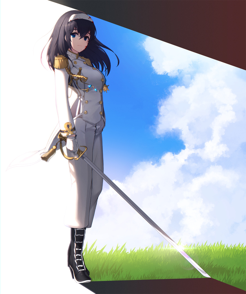 aiguillette black_footwear black_hair blood blue_eyes boots breasts buttons cloud commentary_request double-breasted epaulettes female grass hairband high_heel_boots high_heels highres idolmaster idolmaster_cinderella_girls idolmaster_cinderella_girls_starlight_stage large_breasts long_hair military military_uniform naval_uniform outdoors pants rapier rheez sagisawa_fumika seizon_honnou_valkyria_(idolmaster) shaded_face sky solo sword uniform weapon white_hairband white_pants