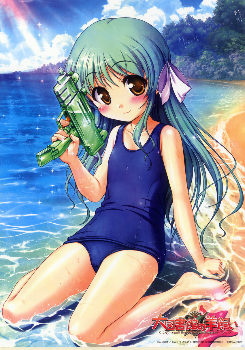 :3 absurdres barefoot beach bekkankou blush copyright_name daitoshokan_no_hitsujikai day female finger_on_trigger green_hair highres looking_at_viewer ocean one-piece_swimsuit outdoors partially_submerged sand scan school_swimsuit sitting solo sunlight swimsuit ureshino_sayumi wariza water water_gun wet yellow_eyes