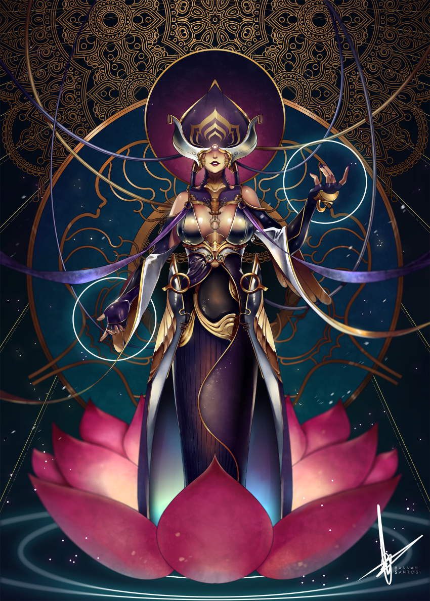 absurdres breasts cleavage cleavage_cutout clothing_cutout commentary covered_eyes dress elbow_gloves emblem english_commentary facing_viewer female fingerless_gloves flower full_body gloves hannah_santos headgear highres large_breasts lips long_dress lotus_(warframe) lotus_pedestal nail_polish on_flower purple_nails ribbon solo standing warframe