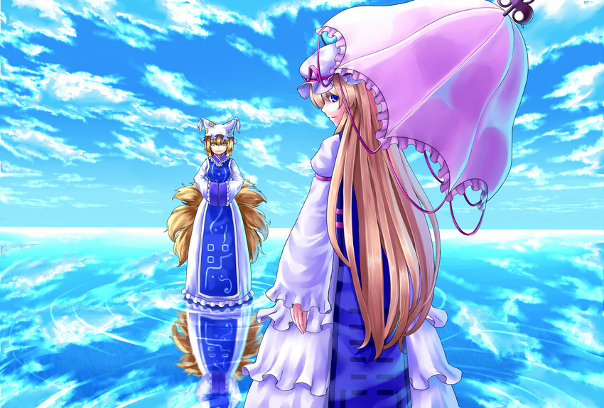 2girls blonde_hair blue_eyes blue_sky cloud commentary_request day dress fox_tail hat highres long_hair looking_back multiple_girls multiple_tails outdoors parasol reflection revision short_hair sky smile tabard tail touhou umbrella walking walking_on_liquid wasabichan water white_dress yakumo_ran yakumo_yukari yellow_eyes