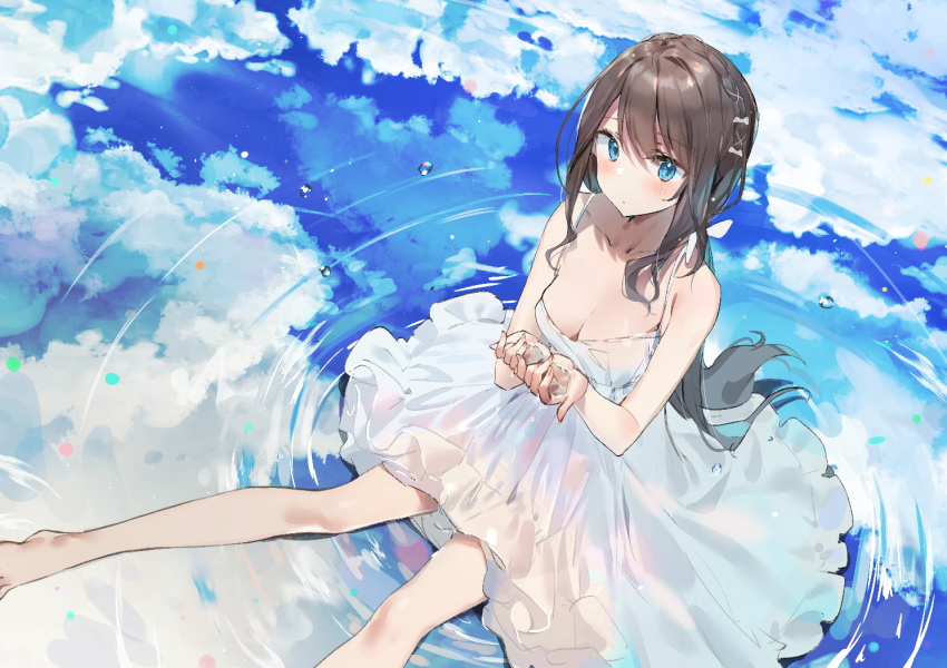 bangs bare_legs bare_shoulders blue_eyes blush braid breasts brown_hair cleavage commentary dress eyebrows_visible_through_hair female french_braid hair_ribbon long_hair looking_at_viewer medium_breasts original reflecting_pool reflection ribbon sabet_(young_ouo) sidelocks sitting sleeveless sleeveless_dress solo very_long_hair water water_ring white_dress