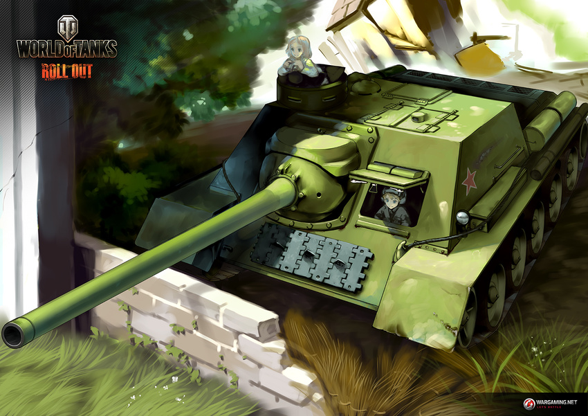 2girls artist_request brick brick_wall caterpillar_tracks commentary english_commentary grass highres military military_vehicle motor_vehicle multiple_girls official_art su-100 tank tank_destroyer tree wargaming_japan world_of_tanks