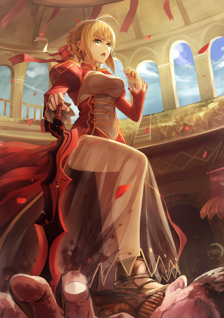 1boy absurdres aestus_estus ahoge arcade_(architecture) arch arena banner blonde_hair blood blood_on_clothes blood_on_dress braid breasts chinese_commentary colosseum commentary_request day dress fate/extra fate/stay_night fate_(series) female from_below green_eyes hair_ribbon hand_on_hilt has_bad_revision highres impaled indoors juliet_sleeves large_breasts layered_dress long_sleeves looking_away md5_mismatch nero_claudius_(fate) nero_claudius_(fate/extra) open_mouth photoshop_(medium) pillar planted planted_sword puffy_sleeves red_dress resolution_mismatch ribbon see-through solo_focus source_smaller stepped_on sword weapon white_dress xiaoyin_li