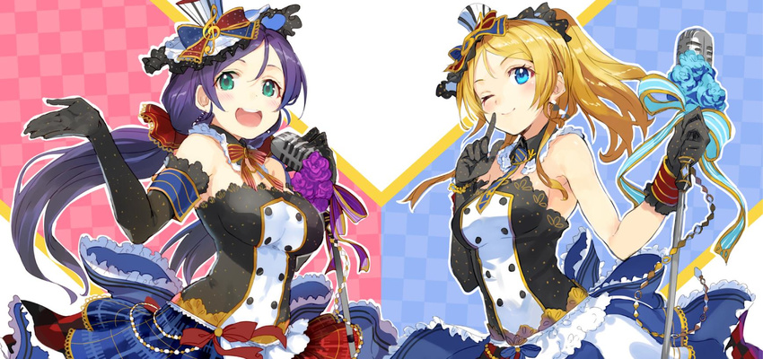 2girls asymmetrical_gloves ayase_eli blonde_hair blue_eyes cafe_maid_(love_live!) commentary_request elbow_gloves gloves green_eyes hair_ornament hat highres idol jpeg_artifacts long_hair love_live! love_live!_school_idol_festival love_live!_school_idol_project microphone mini_hat mini_top_hat multiple_girls one_eye_closed purple_hair shirabi skirt smile tojo_nozomi top_hat treble_clef uneven_gloves