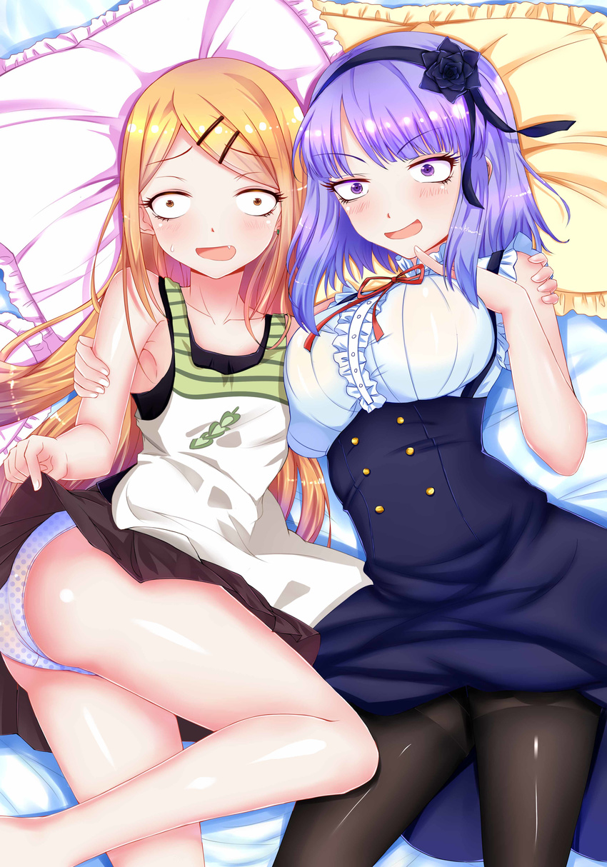 absurdres arm_around_shoulder artist_request ass bangs bed bed_sheet black_legwear blonde_hair blush brown_hair dagashi_kashi endou_saya_(dagashi_kashi) eyelashes hair_ornament hairband hairclip hug invitation long_hair looking_at_viewer lying multiple_girls naughty_face oerba_yun_fang on_back on_side open_mouth panties pantyhose pillow pleated_skirt polka_dot purple_eyes purple_hair shidare_hotaru shiny shiny_skin short_hair skirt skirt_lift thighband_pantyhose thighs