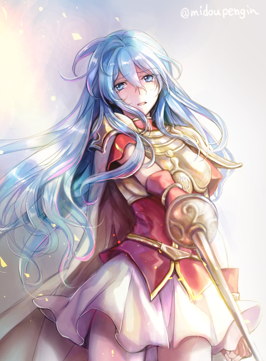 aqua_hair armor blue_eyes blue_hair cape commentary_request eirika_(fire_emblem) female fire_emblem fire_emblem:_the_sacred_stones fire_emblem_heroes floating_hair gloves highres holding holding_sword holding_weapon long_hair miniskirt mintes pointing_sword skirt solo sword thighs weapon