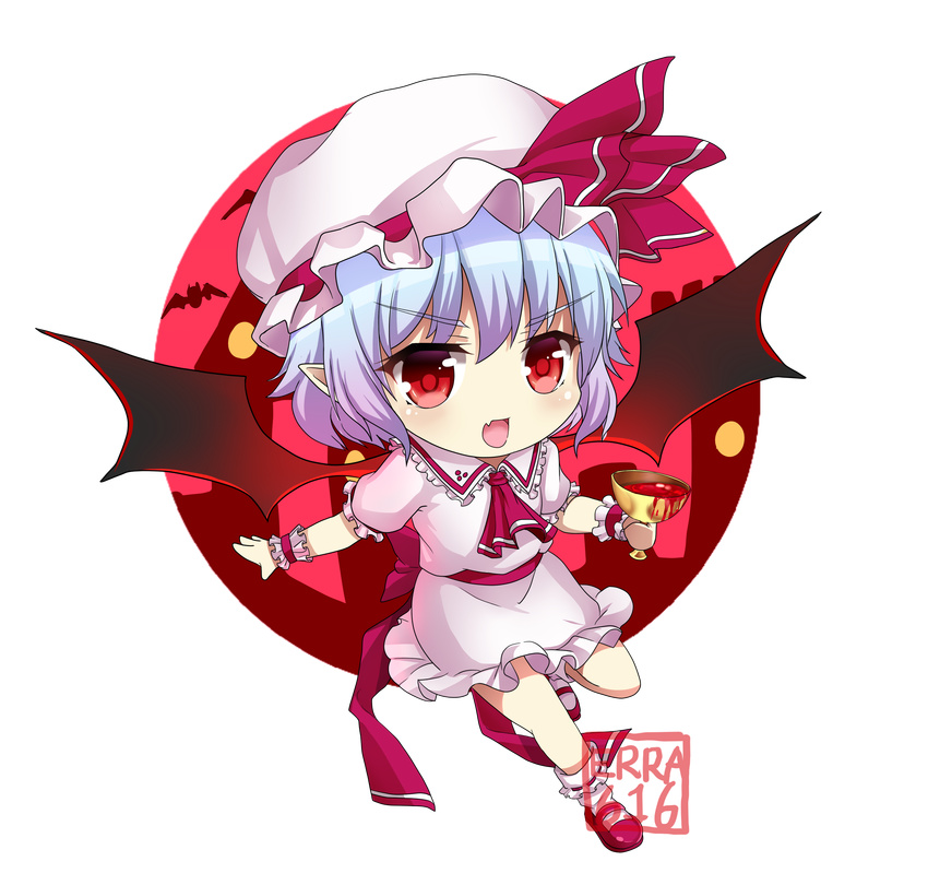 absurdres artist_name ascot bat_wings blood chibi commentary_request commission cup eierra female hat hat_ribbon highres light_purple_hair mob_cap oerba_yun_fang puffy_sleeves red_eyes remilia_scarlet ribbon short_sleeves solo touhou transparent_background wings wrist_cuffs